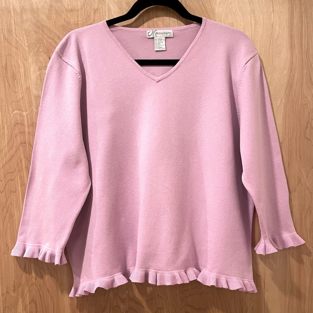 Pink V-Neck Sweater with Ruffle Hem
